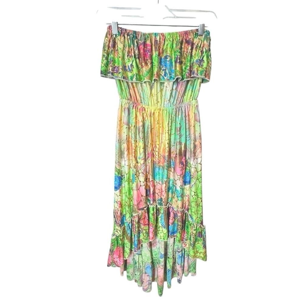 Shoreline Strapless Summer Dress Ruffle High Low Metallic Print NWT